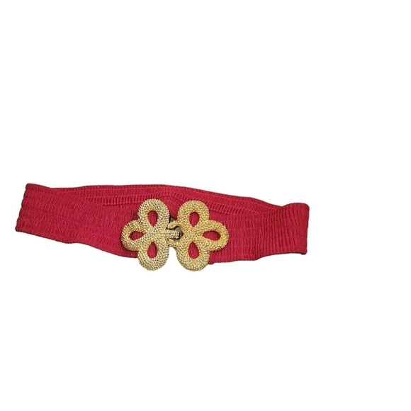 Vintage Belt Gold tone Buckle Red Stretch Material M/L - Picture 1 of 3